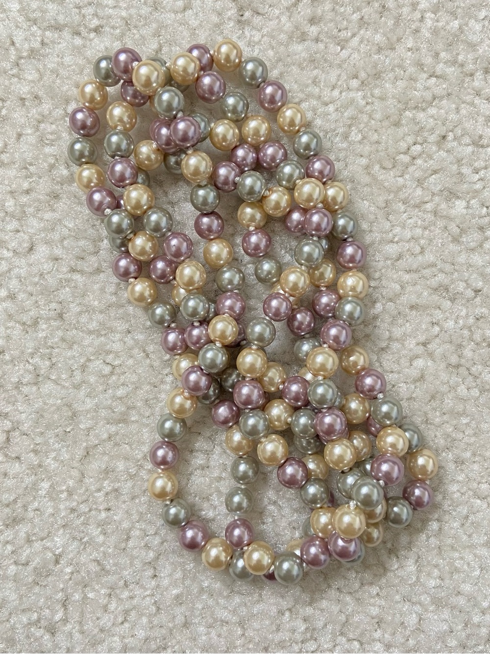 NWOT Multicolor Faux Pearl Long Strand Necklace Pastel Pink Gold light Grey